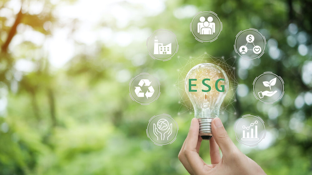 Handhaltende Glühbirne mit ESG-Icon-Konzept für Umwelt, Soziales und Governance im nachhaltigen und ethischen Wirtschaften auf der Netzwerkverbindung auf grünem Hintergrund.